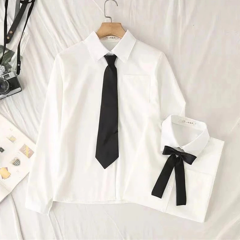 Tie Front Shirt - White Women School Shirts Fashion JK