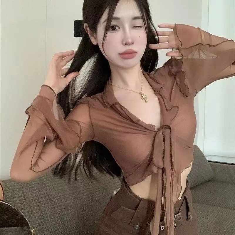 Tie Front Shirt - Women Sexy Sheer Mesh Crop Shirt