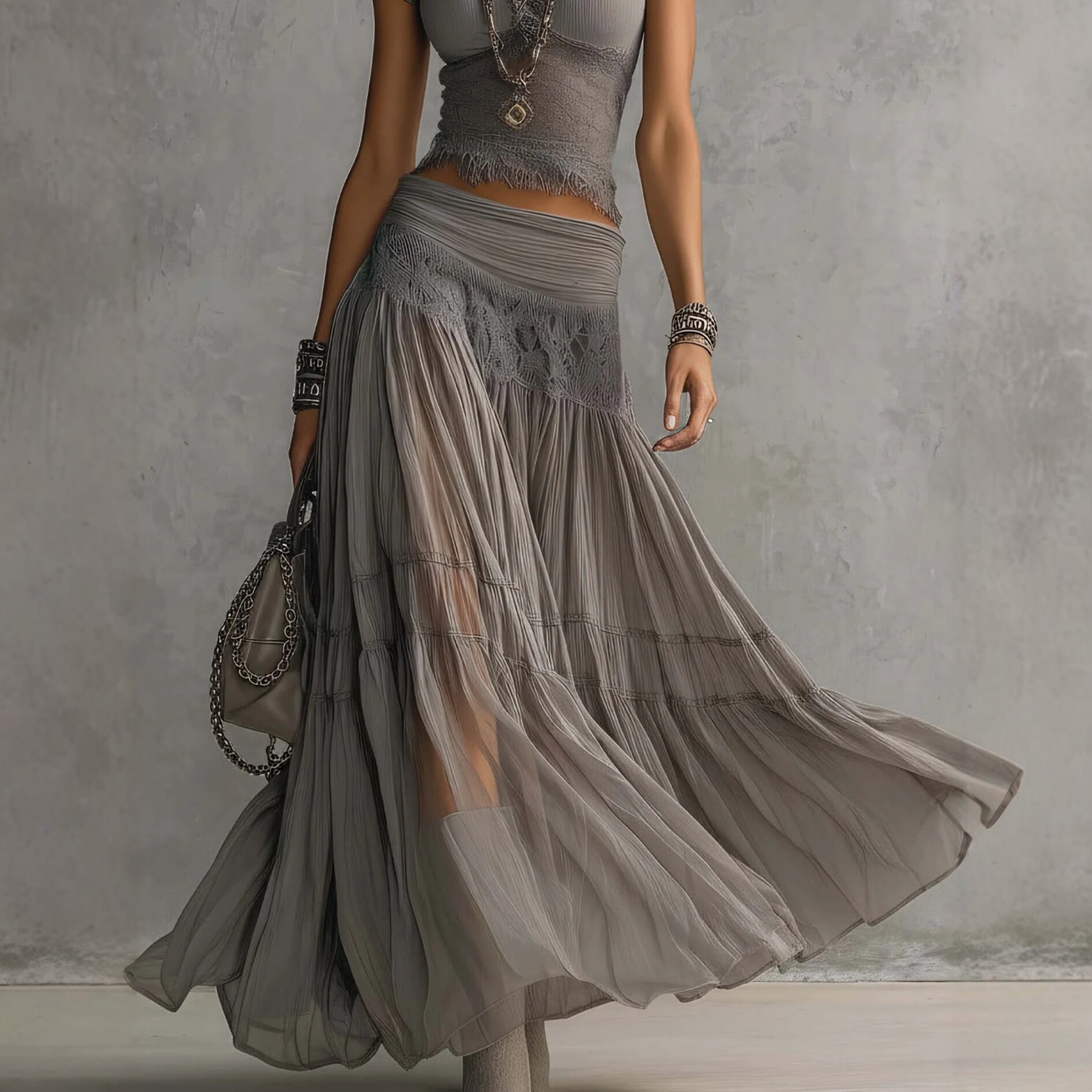 2026 Gray Knitted Top + Chiffo - Summer Clothing Accessories 评论和价格