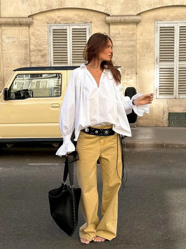 Women White V Neck Tie Front L - Tie Front Shirt 评论和价格