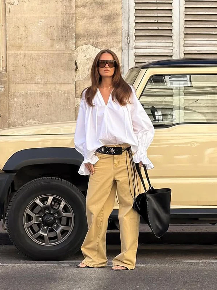 Women White V Neck Tie Front L - Tie Front Shirt 评论和价格
