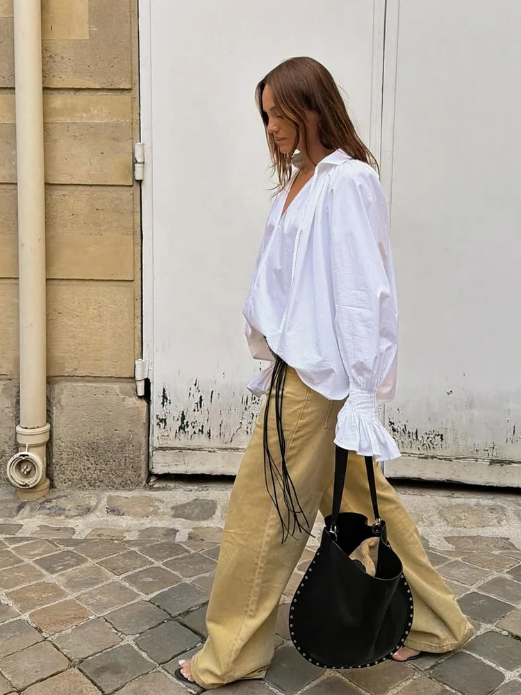 Women White V Neck Tie Front L - Tie Front Shirt 评论和价格