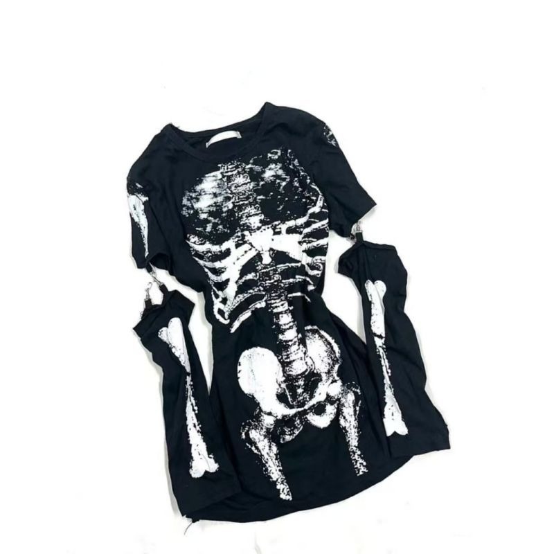 Gothic Skeleton Graphic T-Shir - Summer Goth Clothing 评论和价格