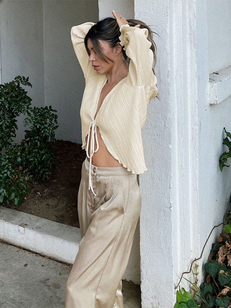 Women Pleated Plain Shirts Spr - Tie Front Shirt 评论和价格