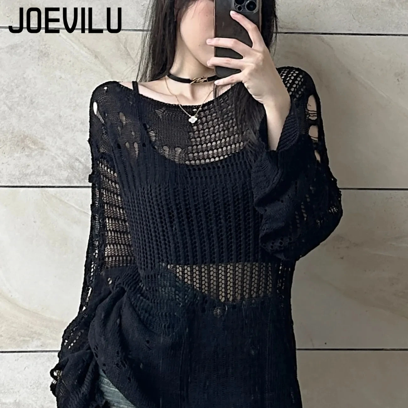 JOEVILU Hollow Knit Blouse Sum - Summer Goth Clothing 评论和价格