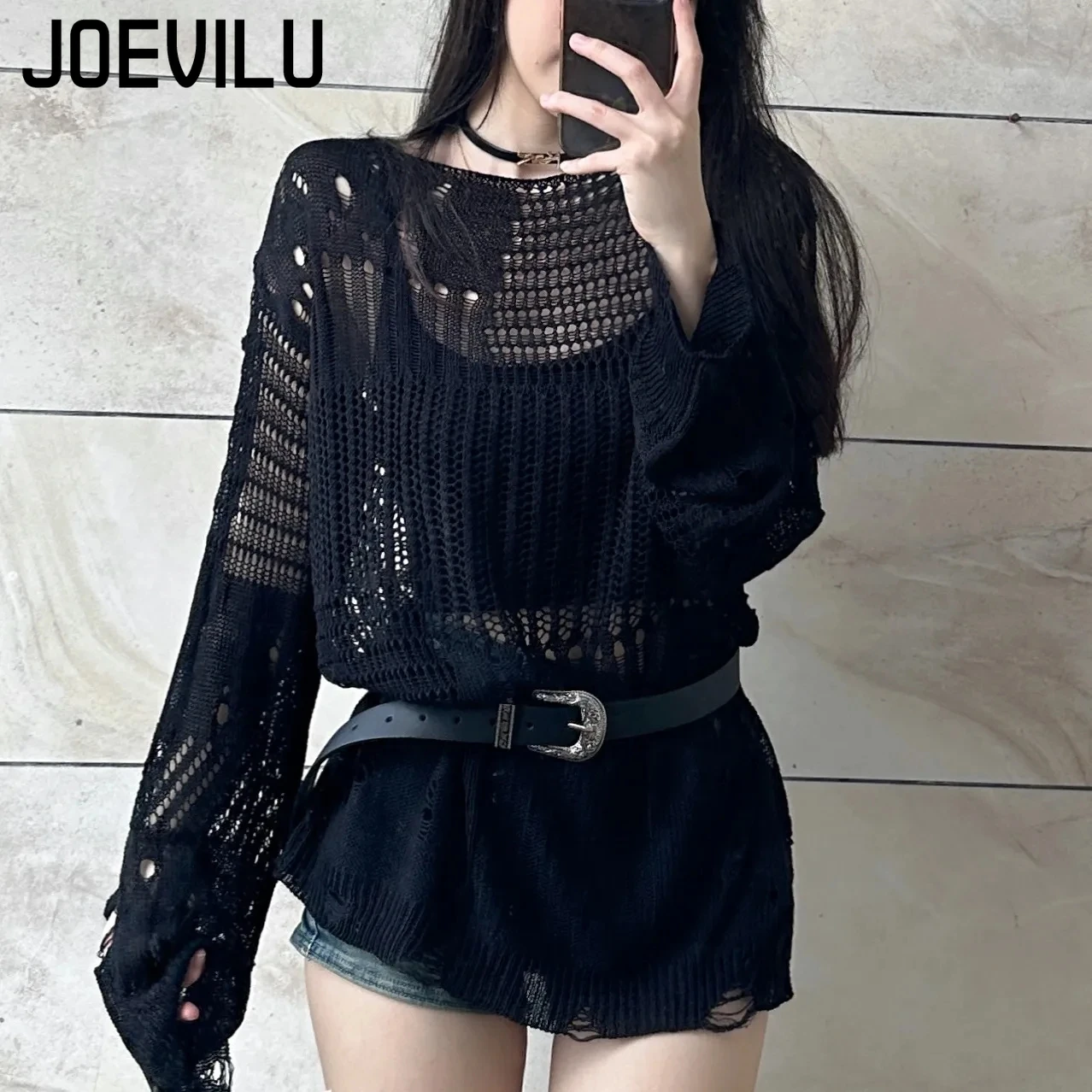 JOEVILU Hollow Knit Blouse Sum - Summer Goth Clothing 评论和价格