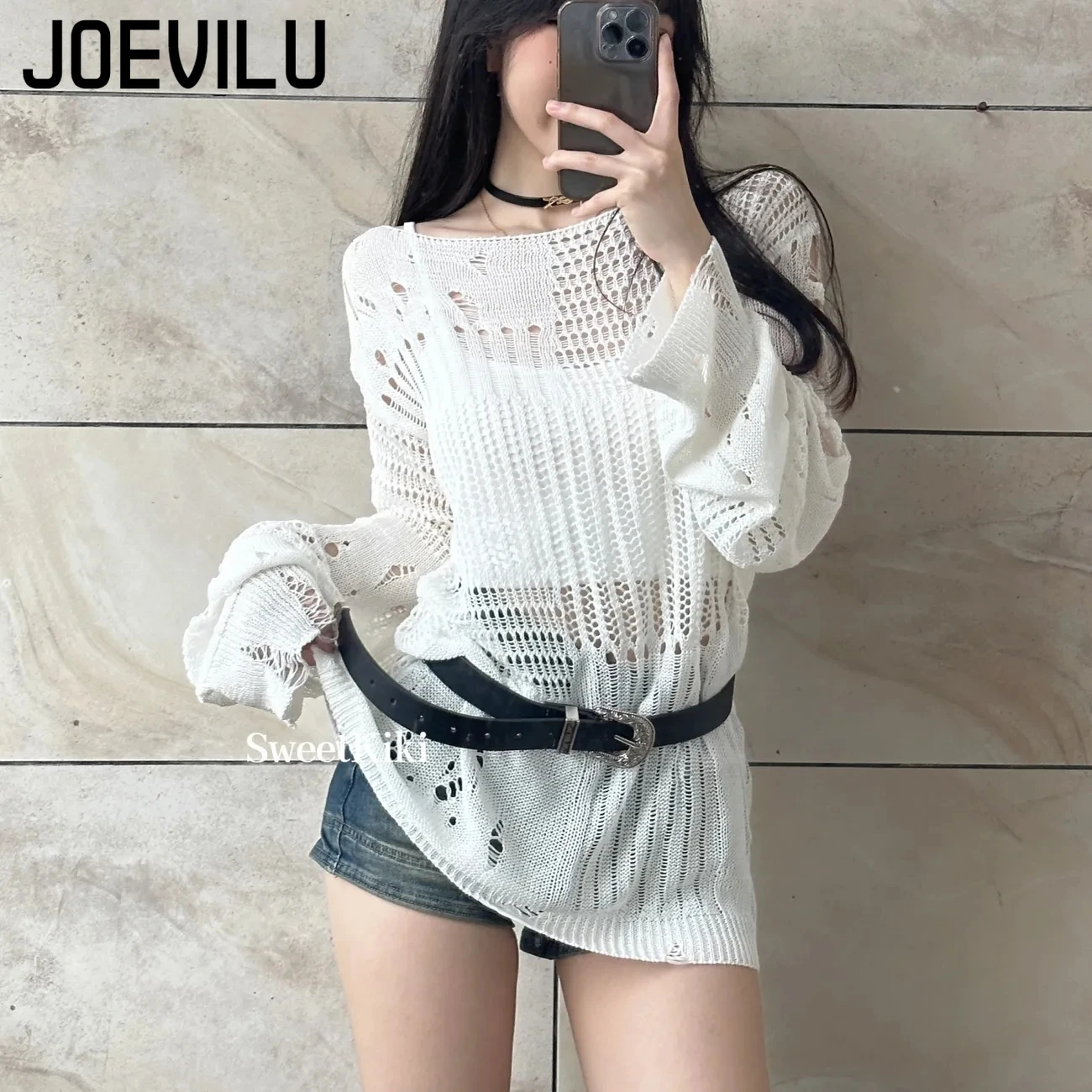 JOEVILU Hollow Knit Blouse Sum - Summer Goth Clothing 评论和价格