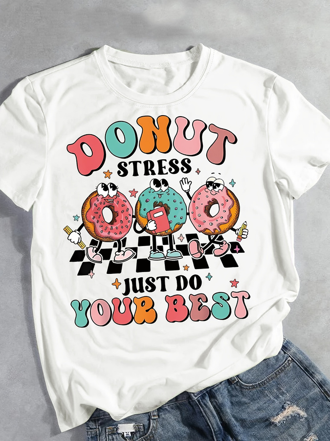 Cartoon Donut Print T-shirt, S - Summer Clothing Trends 2025 评论和价格