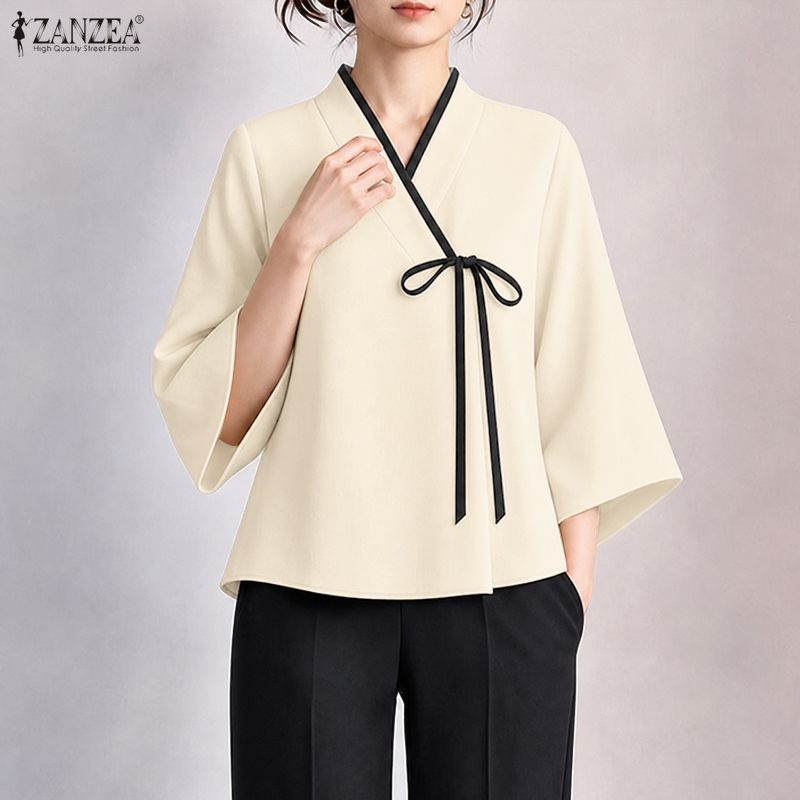 ZANZEA Women Chinese Style V N - Tie Front Shirt 评论和价格