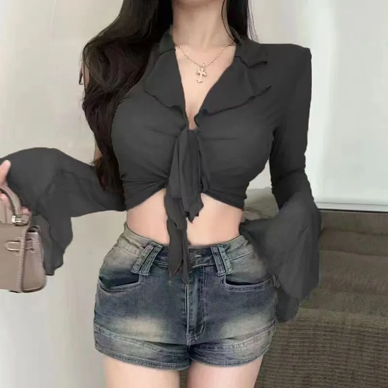 Women Sexy Sheer Mesh Crop Shi - Tie Front Shirt 评论和价格
